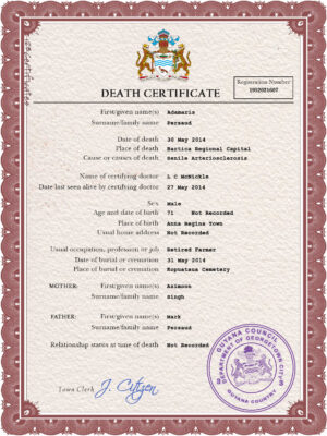 Guyana vital record death certificate PSD template
