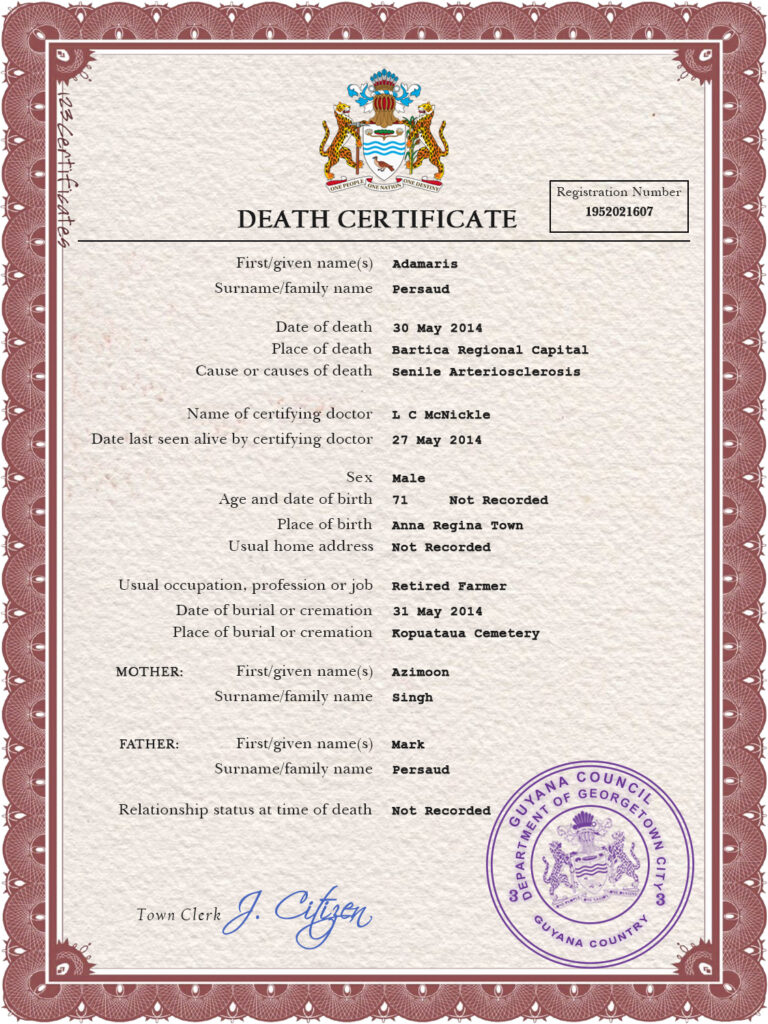 Guyana vital record death certificate PSD template