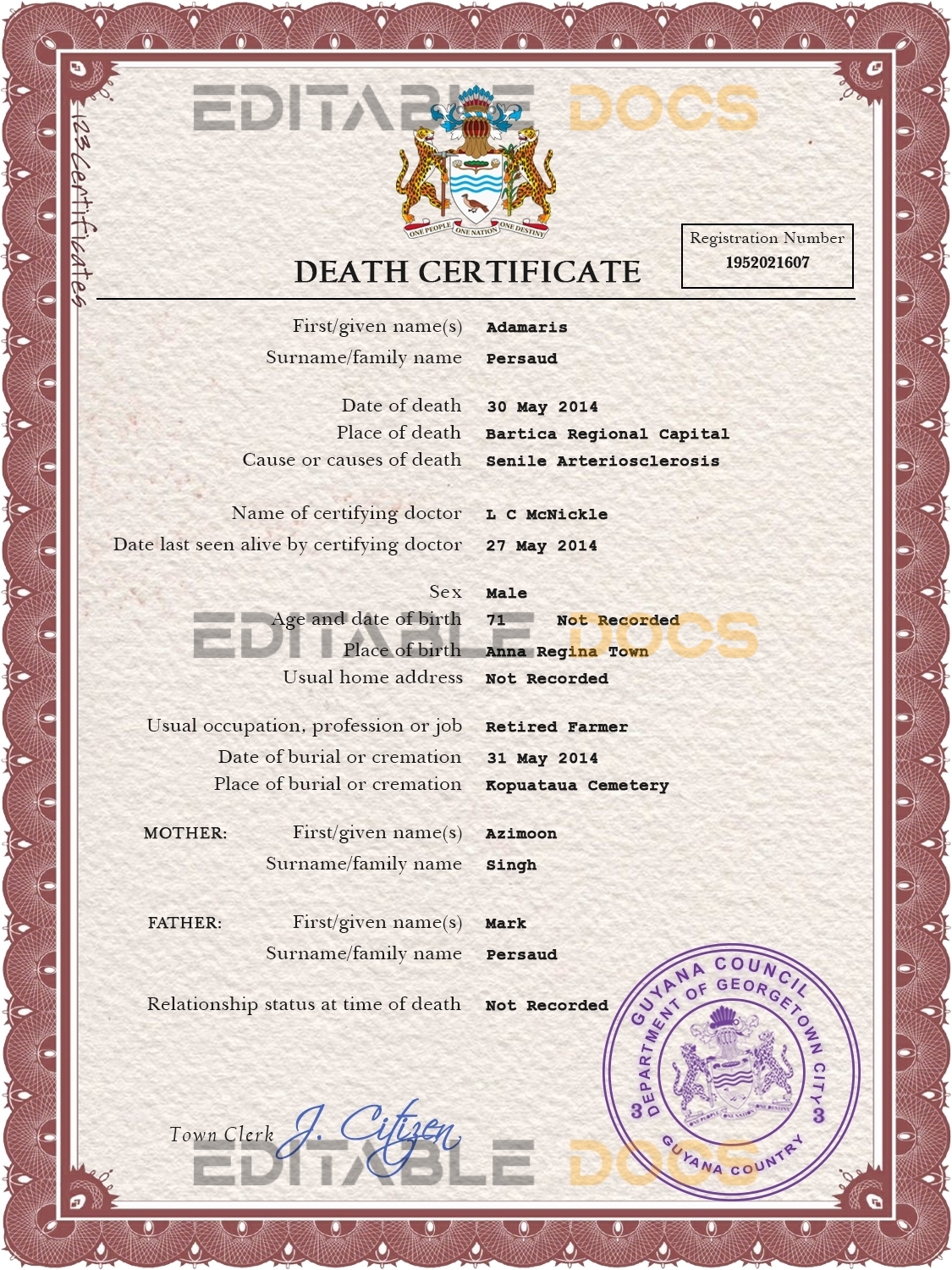 Customizable Guyana Death Certificate PSD Templates | Instant Download