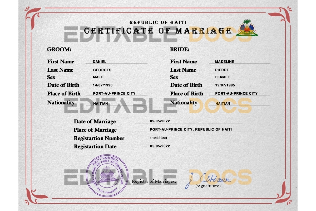 Haiti Marriage Certificate | Editable PSD Templates