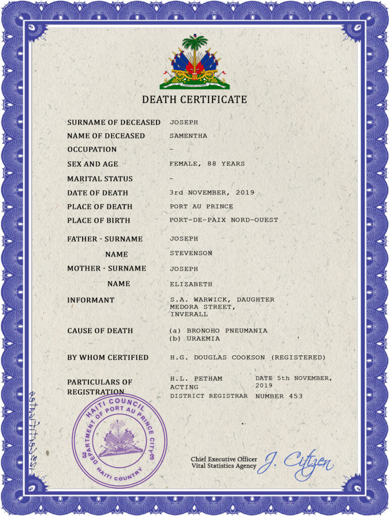 Haiti death certificate PSD template, completely editable