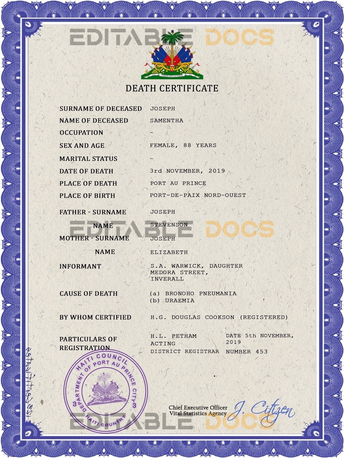 Customizable Haiti Death Certificate PSD Templates | Instant Download