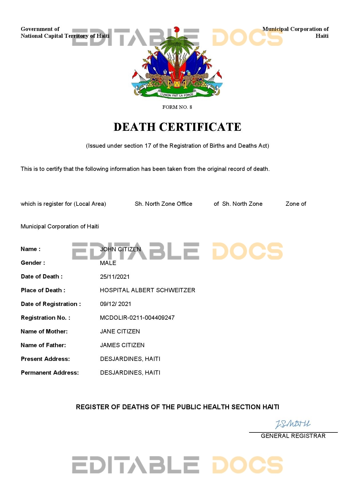 Fillable Haiti Death PDF Templates | Blank Docs
