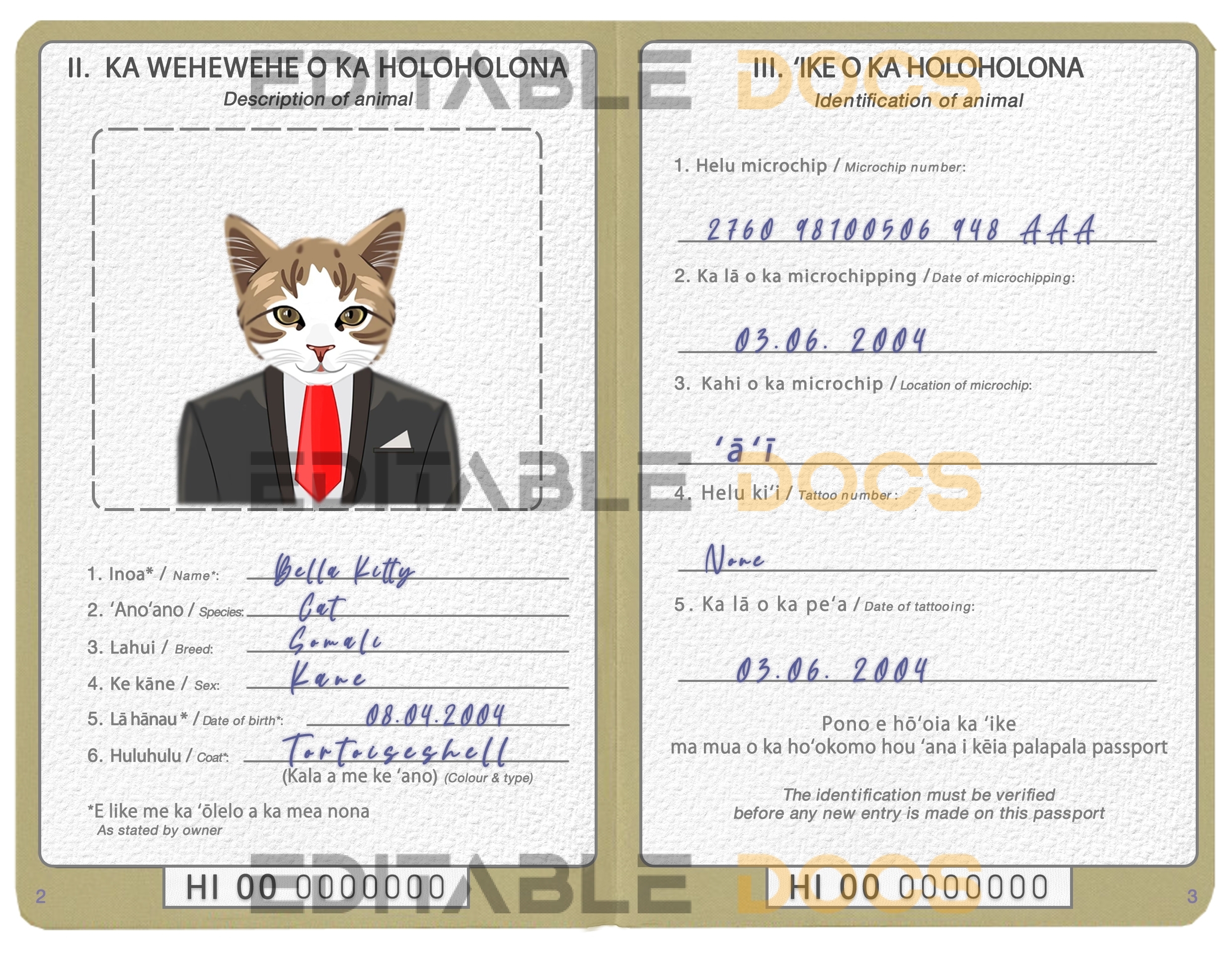 Hawaii cat Fake PSD Passport | Instant Download