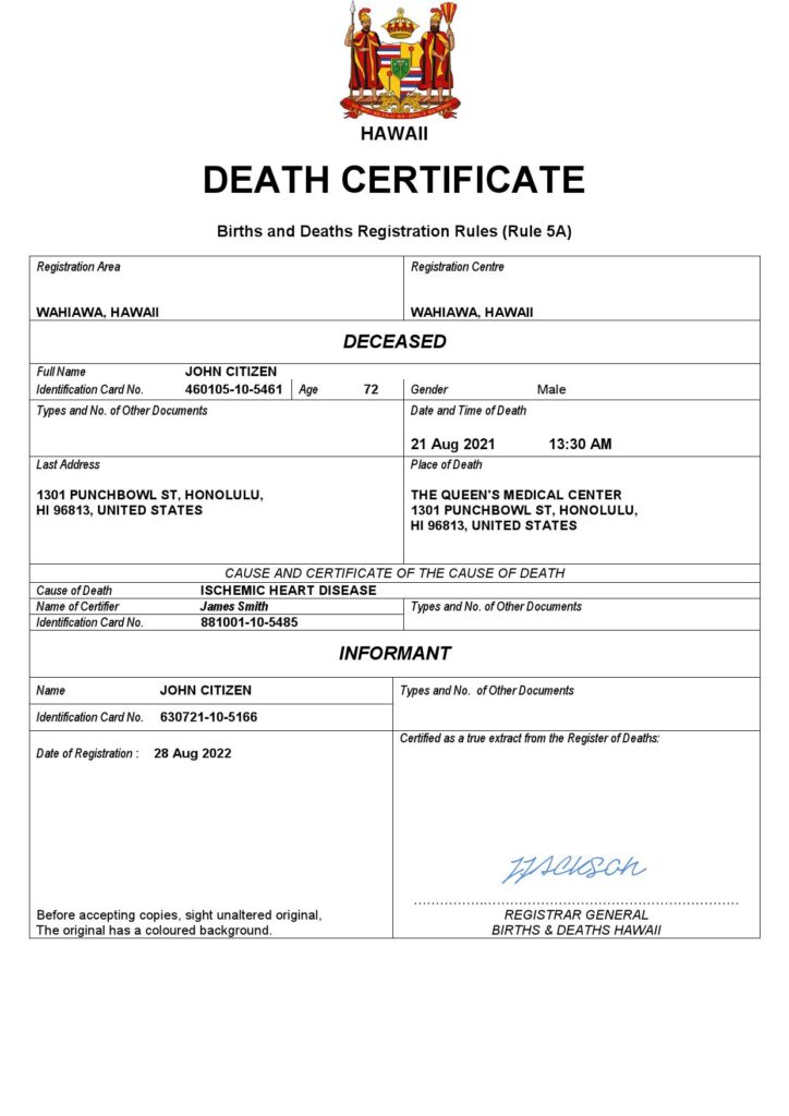 Hawaii death certificate Word and PDF template, completely editable