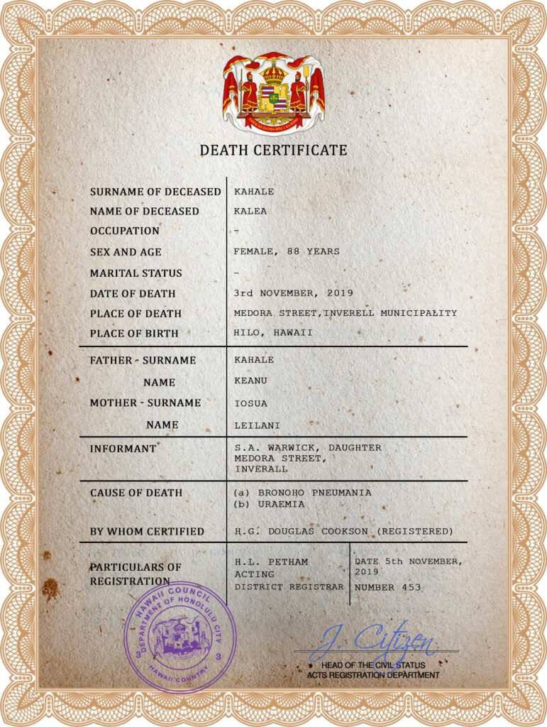 Hawaii vital record death certificate PSD template