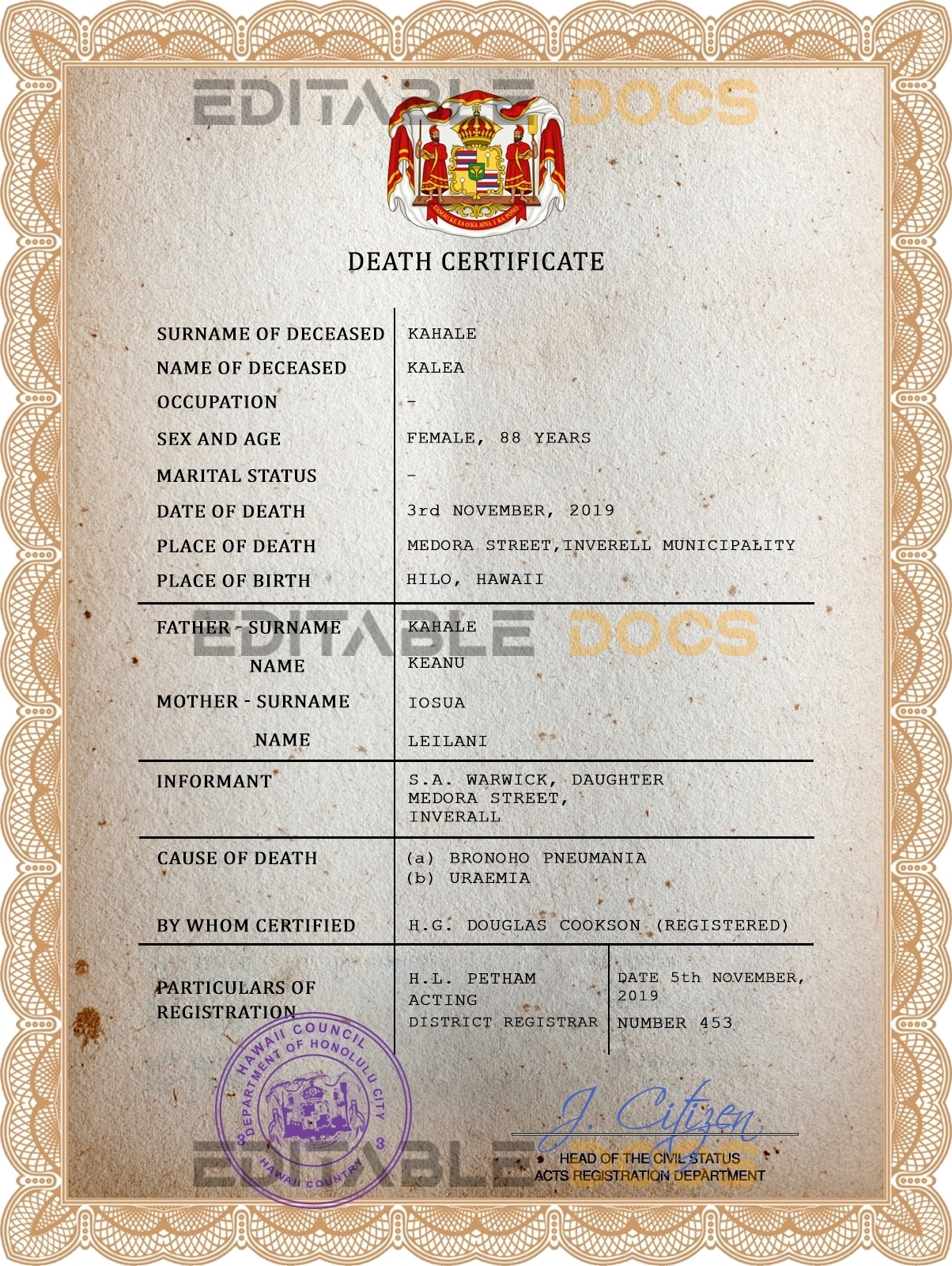 Customizable Hawaii Death Certificate PSD Templates | Instant Download