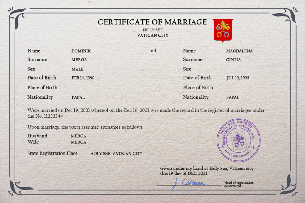 Holy See Marriage Certificate Editable PSD Templates