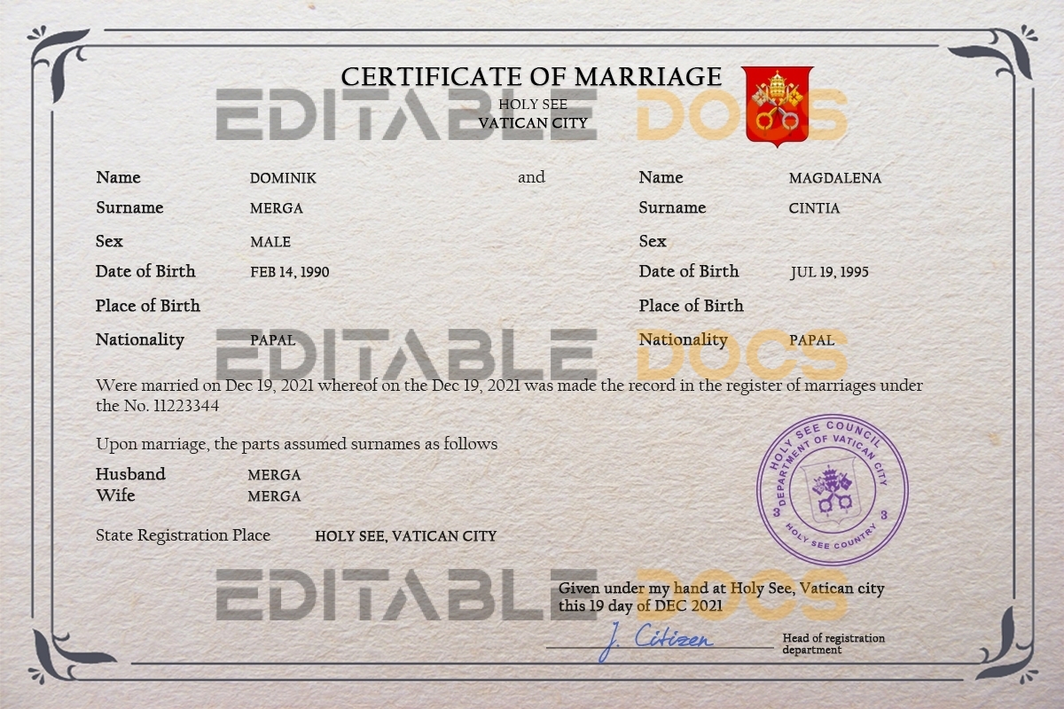 Holy See Marriage Certificate | Editable PSD Templates