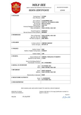 Holy See vital record death certificate Word and PDF template