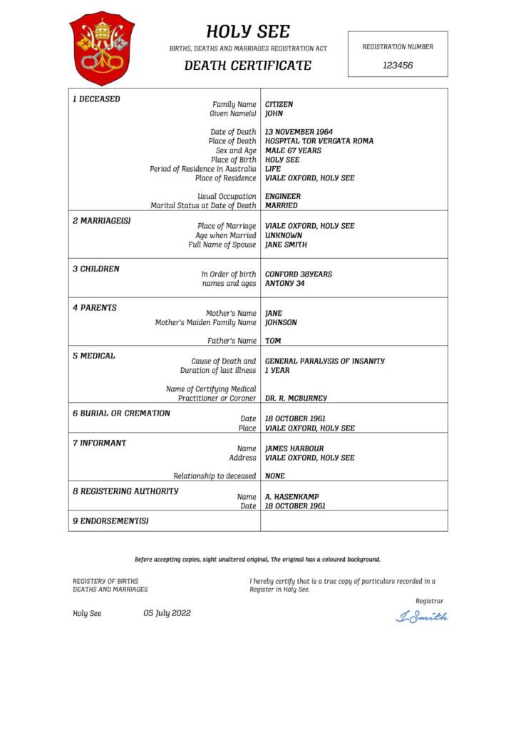Holy See vital record death certificate Word and PDF template