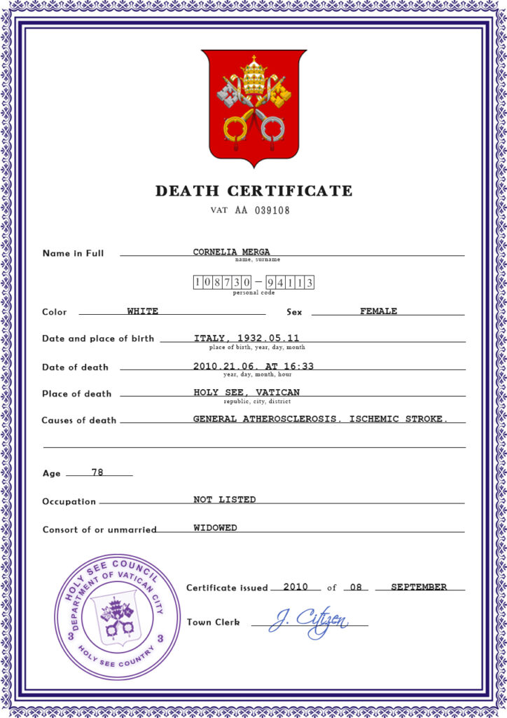Holy See vital record death certificate PSD template, fully editable