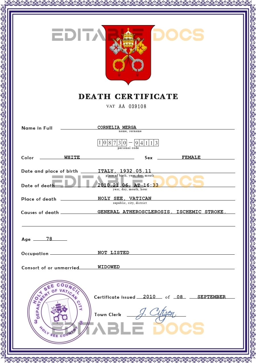 Customizable Holy See Death Certificate PSD Templates | Instant Download