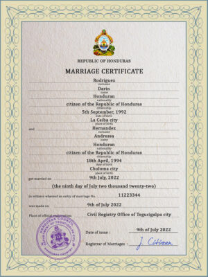 Honduras marriage certificate Word and PDF template, fully editable