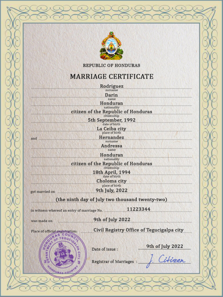 Honduras marriage certificate Word and PDF template, fully editable