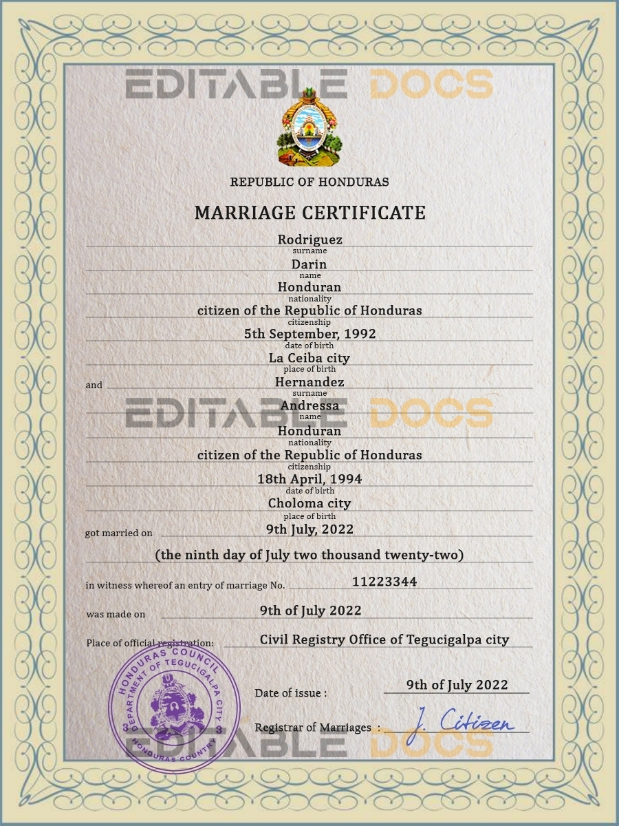 Honduras Marriage Certificate | Editable PSD Templates