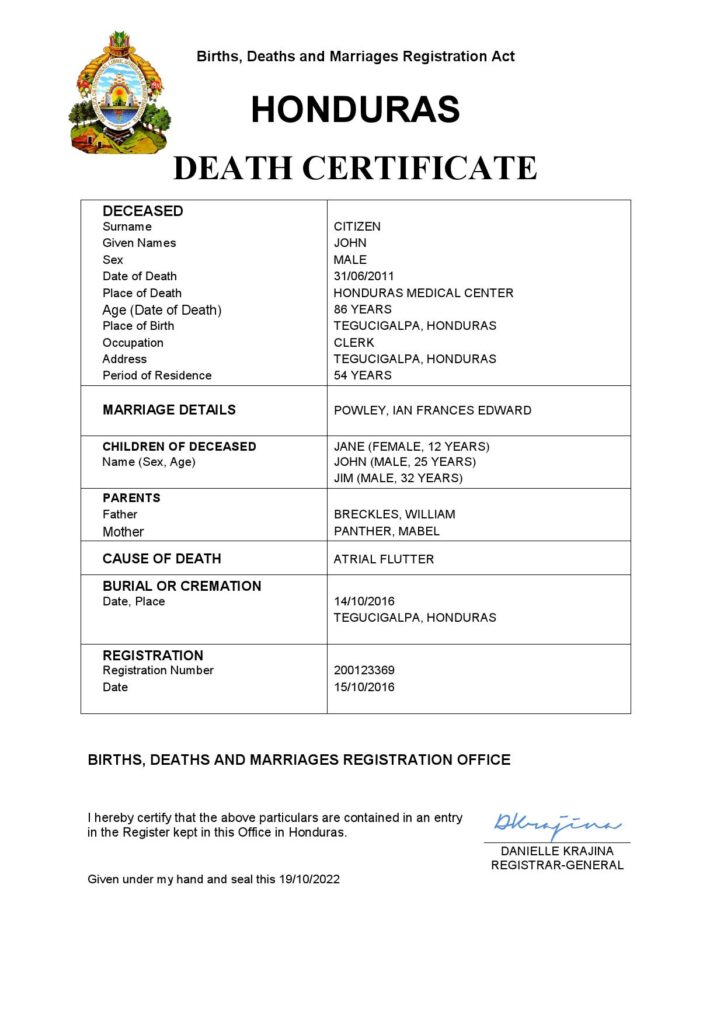 Honduras vital record death certificate Word and PDF template