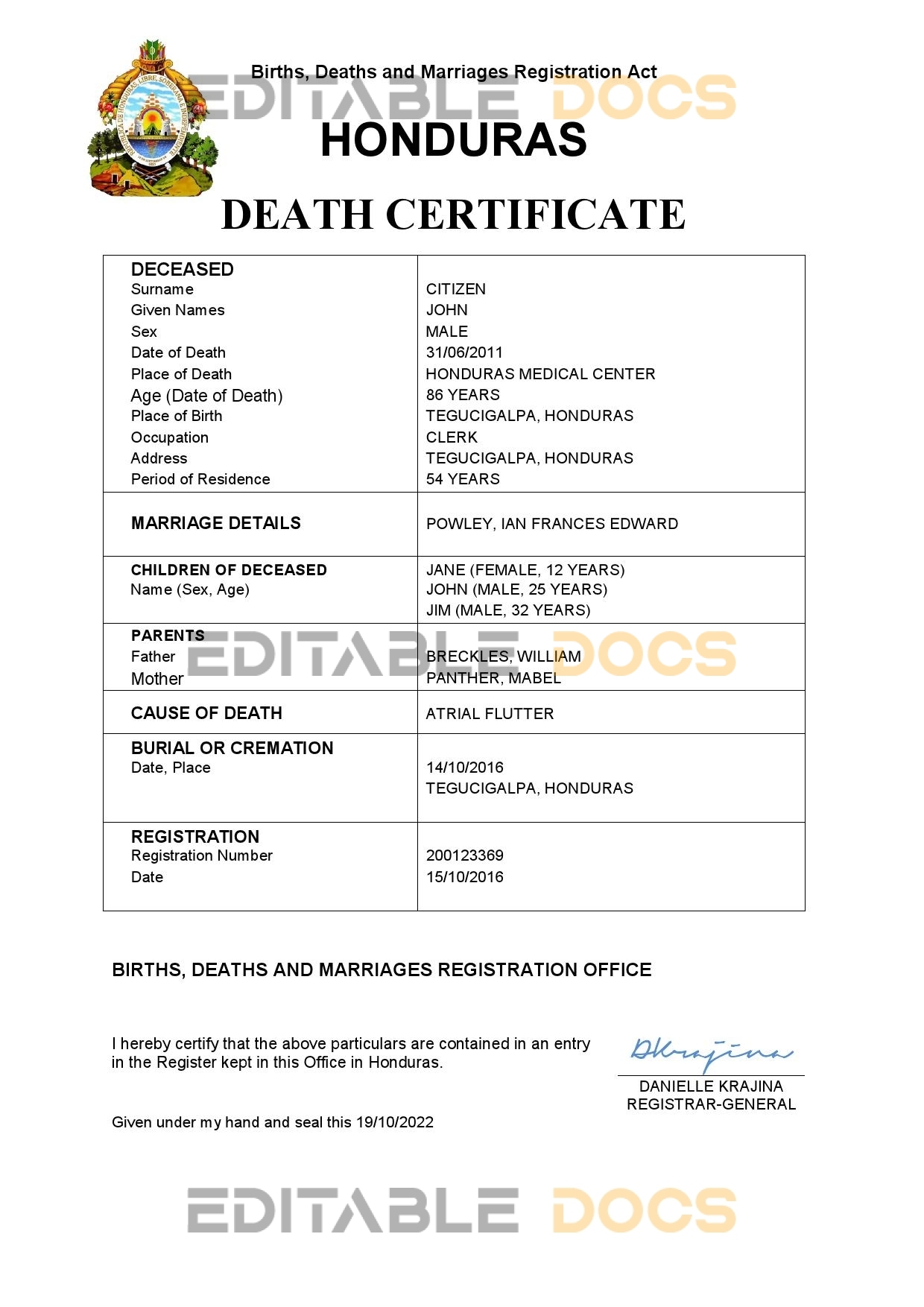 Fillable Honduras Death PDF Templates | Blank Docs