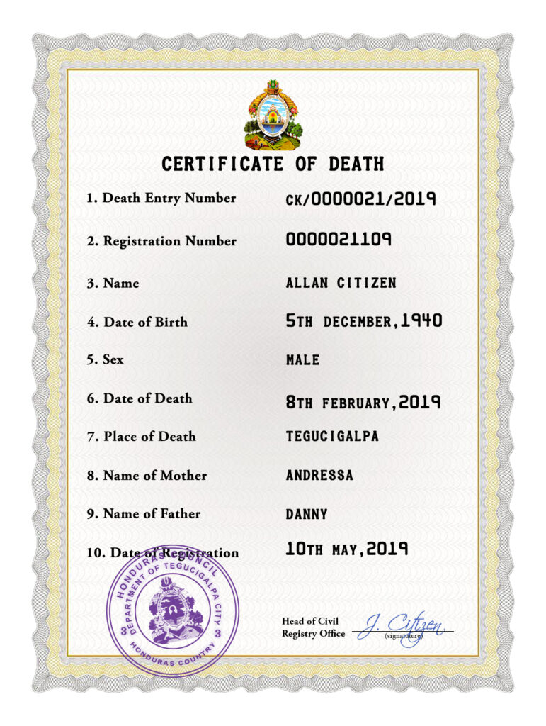 Honduras death certificate PSD template, completely editable