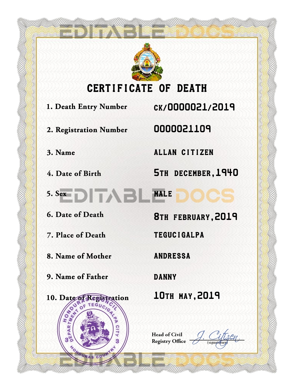 Customizable Honduras Death Certificate PSD Templates | Instant Download