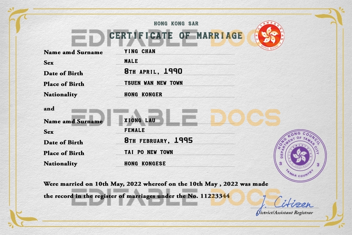 Hong Kong Marriage Certificate | Editable PSD Templates
