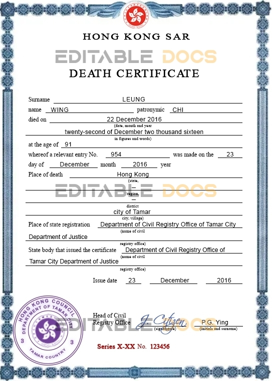 Hong-Kong vital record death certificate PSD template, completely editable
