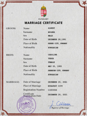 Hungary Marriage Certificate Editable PSD Templates