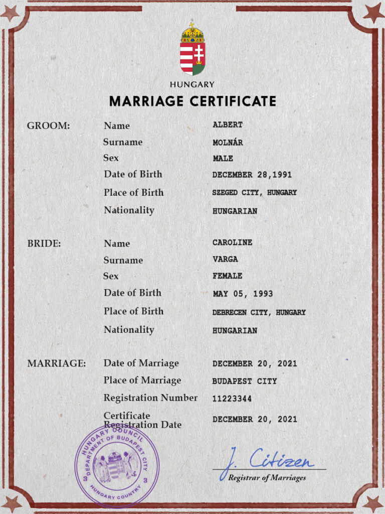 Hungary Marriage Certificate Editable PSD Templates