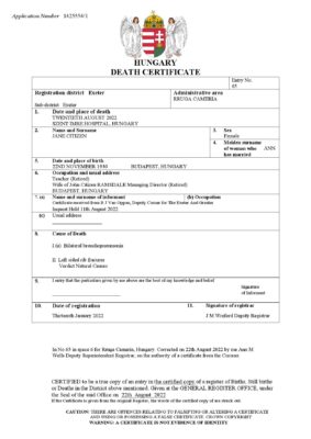 Hungary vital record death certificate Word and PDF template