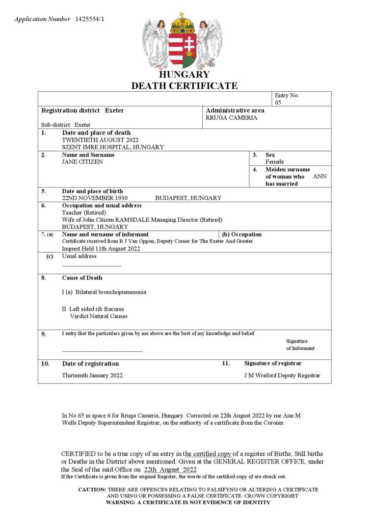 Hungary vital record death certificate Word and PDF template