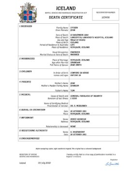 Iceland vital record death certificate Word and PDF template