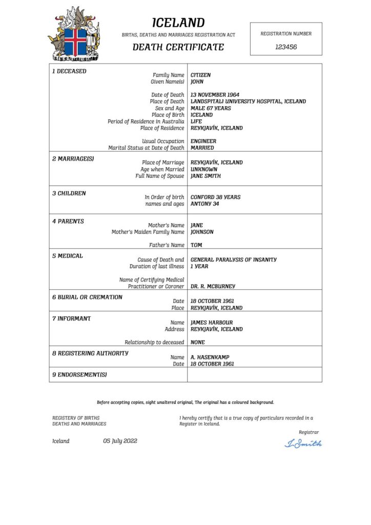 Iceland vital record death certificate Word and PDF template