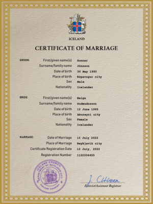 Iceland marriage certificate Word and PDF template, completely editable
