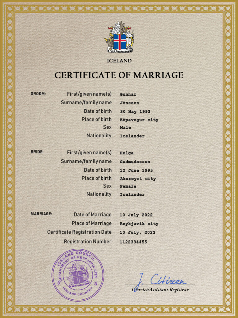 Iceland marriage certificate Word and PDF template, completely editable