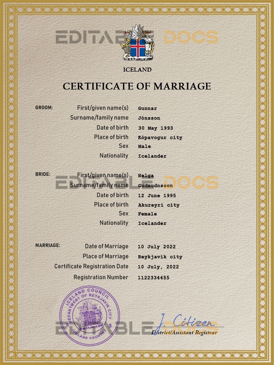 Iceland Marriage Certificate | Editable PDF Templates