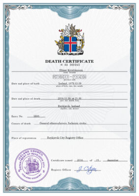 Iceland vital record death certificate PSD template, completely editable