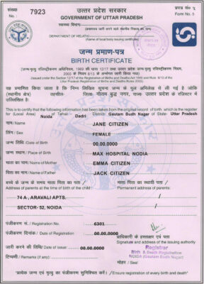 Authentic India Government of Uttar Pradesh Birth Certificate Template | Customize and Download Online