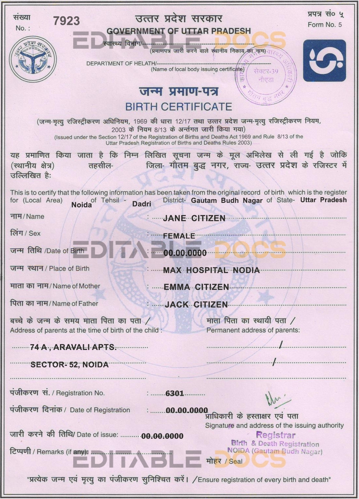 Authentic India Government of Uttar Pradesh Birth Certificate Template | Customize and Download Online