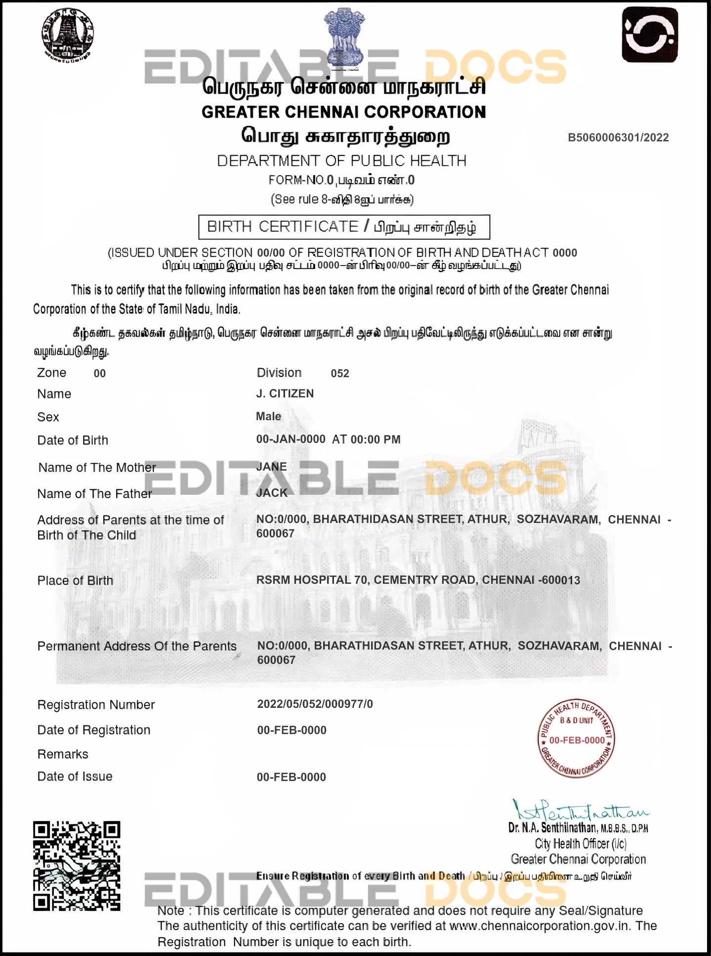 Authentic India Birth Certificate Template | Customize and Download Online