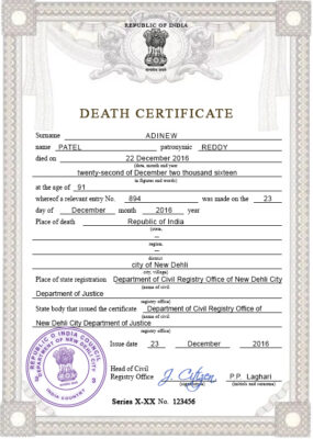 India death certificate PSD template, completely editable