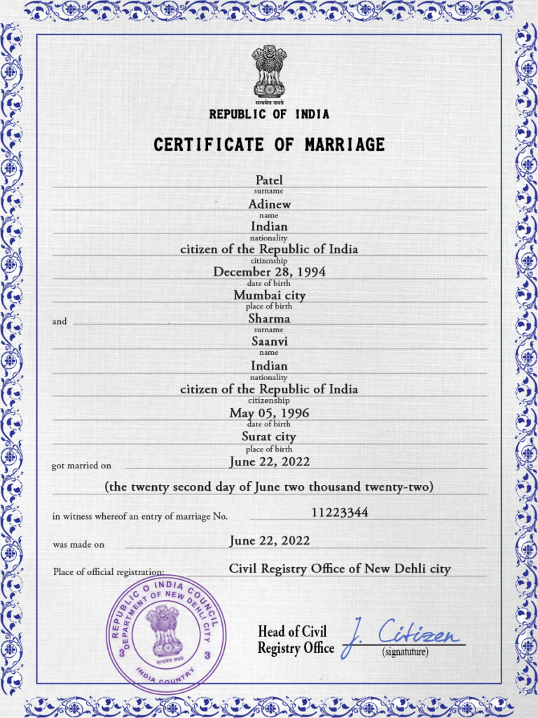 India marriage certificate Word and PDF template, fully editable