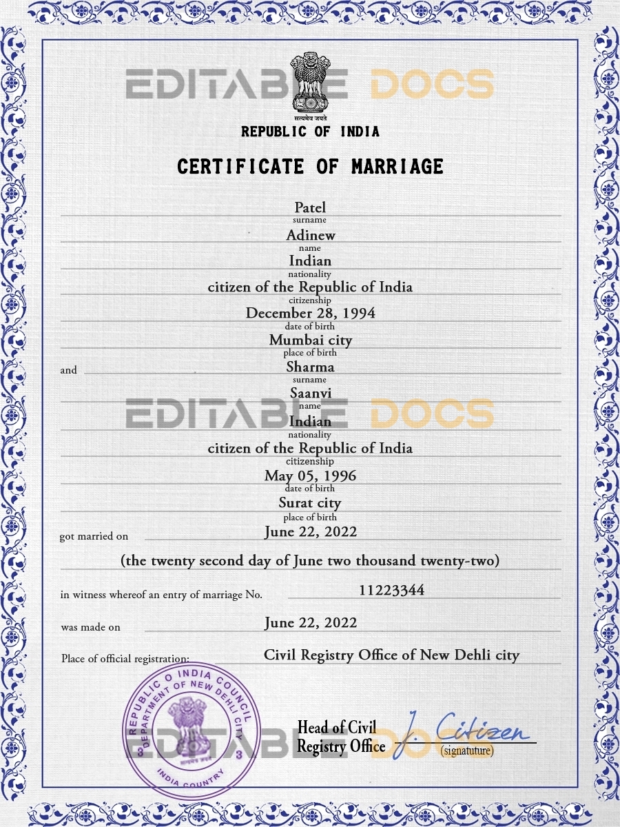 India Marriage Certificate | Editable PDF Templates