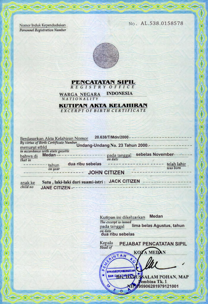 Authentic Indonesia Birth Certificate Template | Customize and Download Online