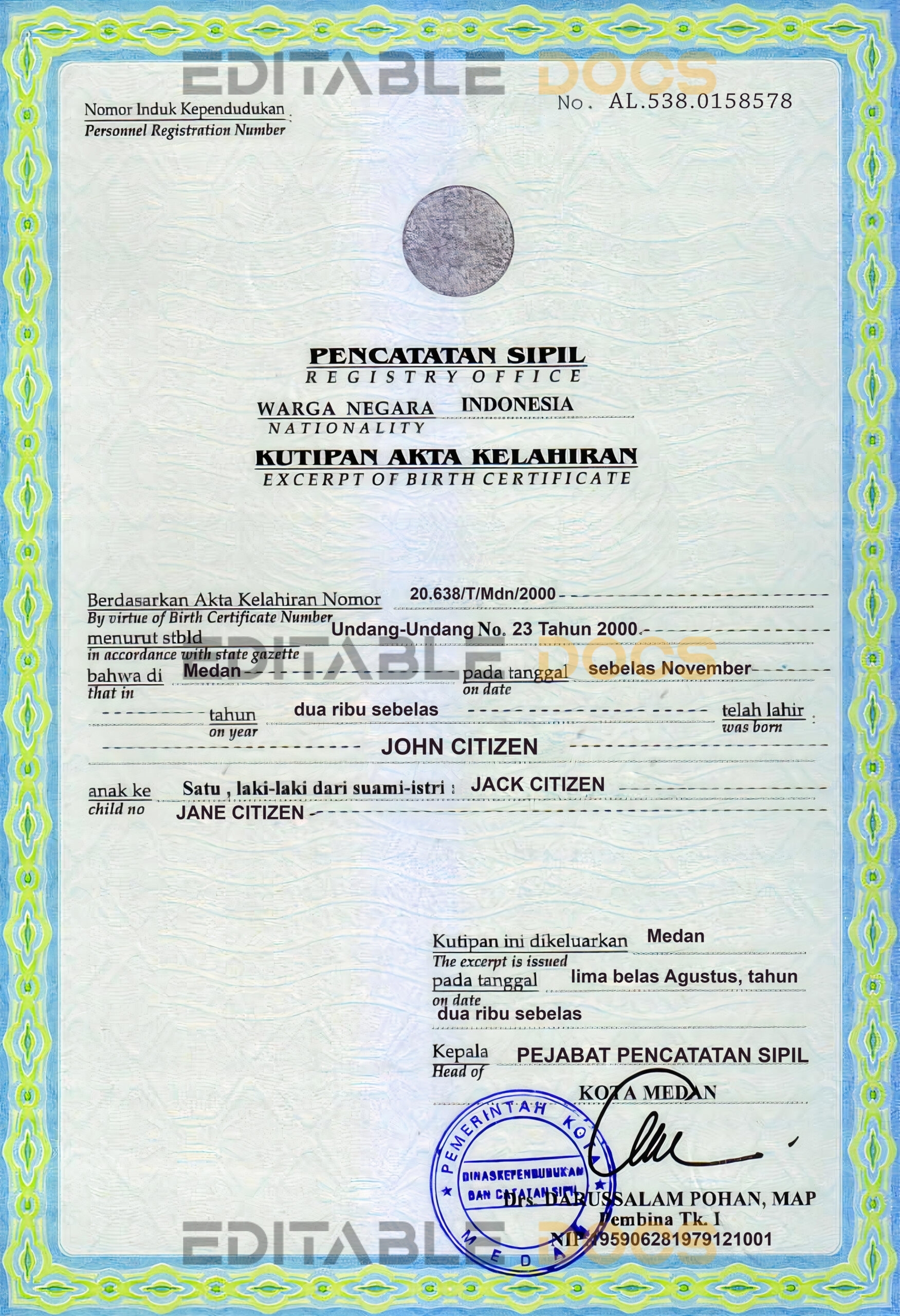 Authentic Indonesia Birth Certificate Template | Customize and Download Online