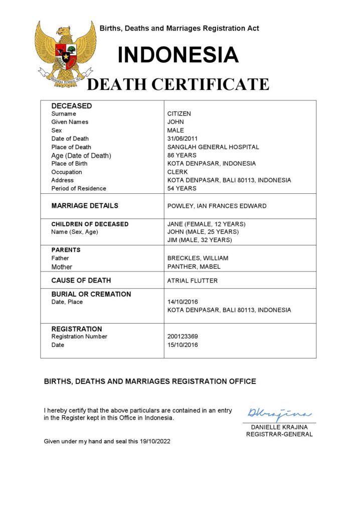 Indonesia vital record death certificate Word and PDF template