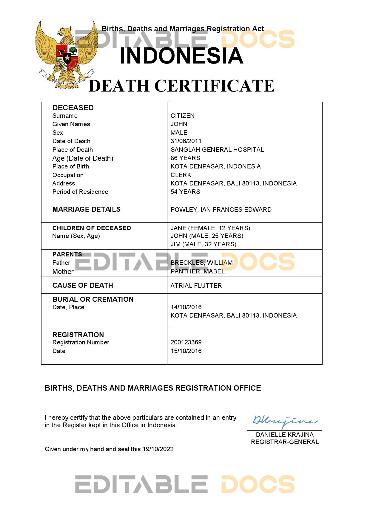 Fillable Indonesia Death PDF Templates | Blank Docs