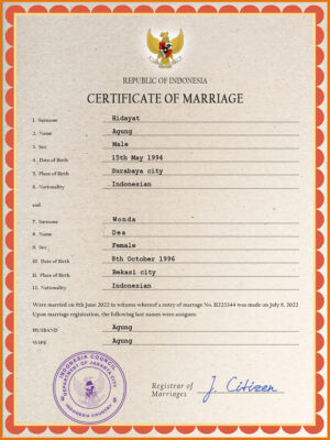 Indonesia marriage certificate Word and PDF template, completely editable
