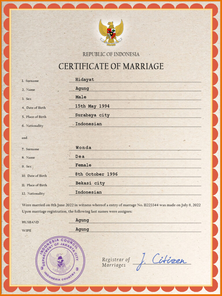 Indonesia marriage certificate Word and PDF template, completely editable