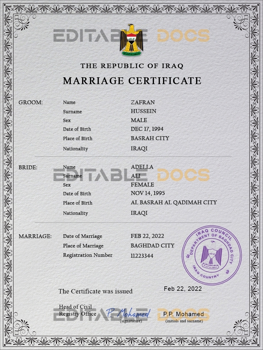 Iraq Marriage Certificate | Editable PDF Templates
