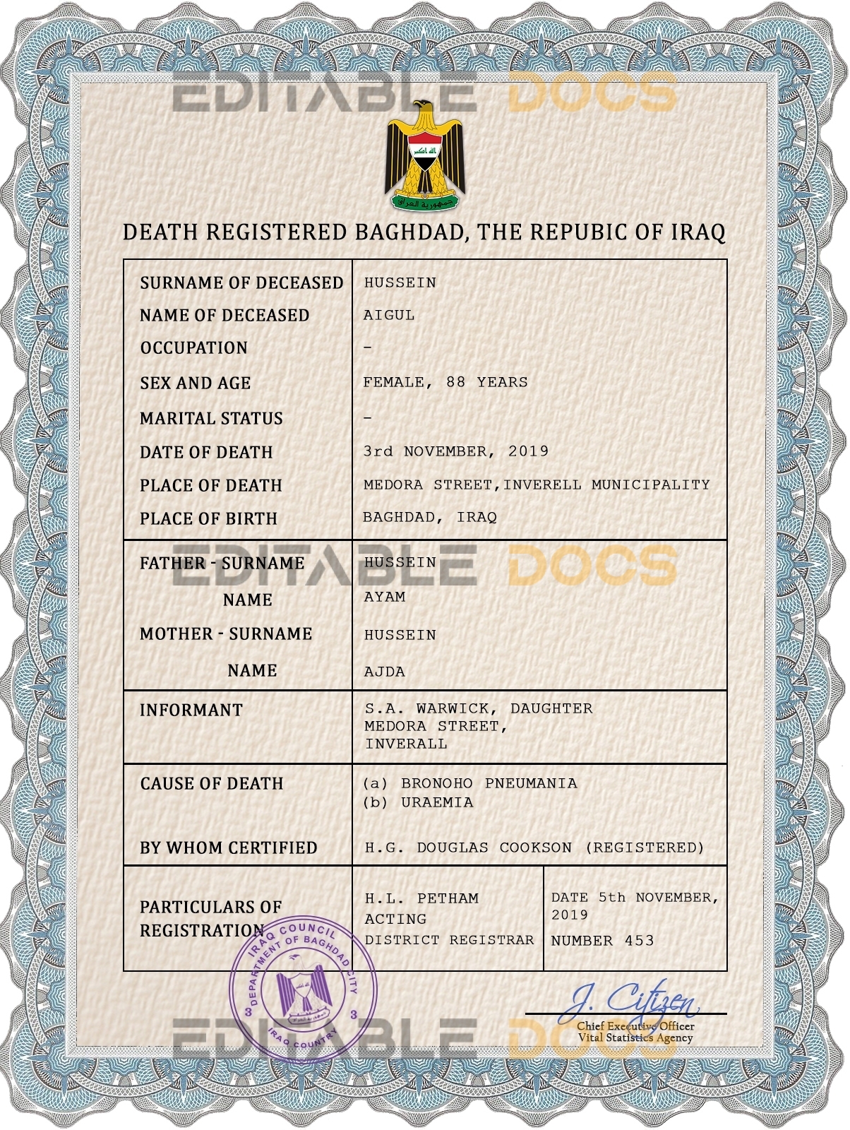 Customizable Iraq Death Certificate PSD Templates | Instant Download